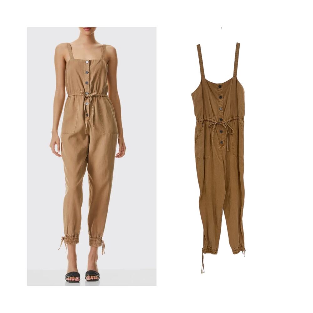 Alice + Olivia Tiana Button‎ Front Jumpsuit Tan Utility Cargo Tie Waist Size 8
